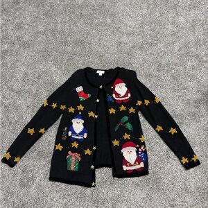 Festive Black Cardigan with Santa and Star Patterns